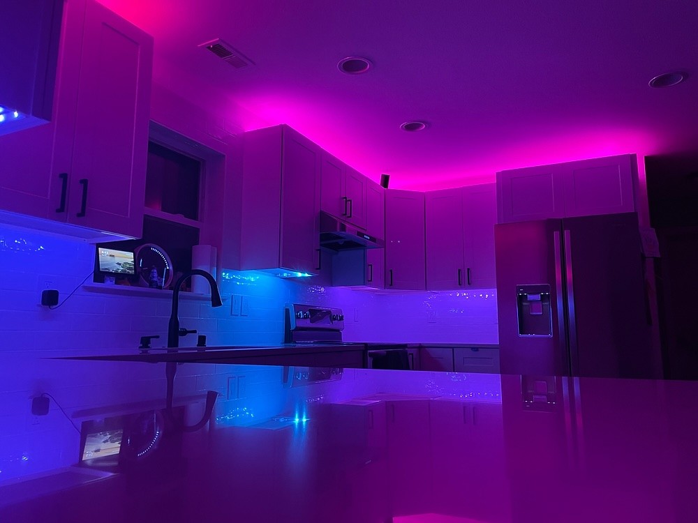 vibrant LED lights in shades of pink and blue